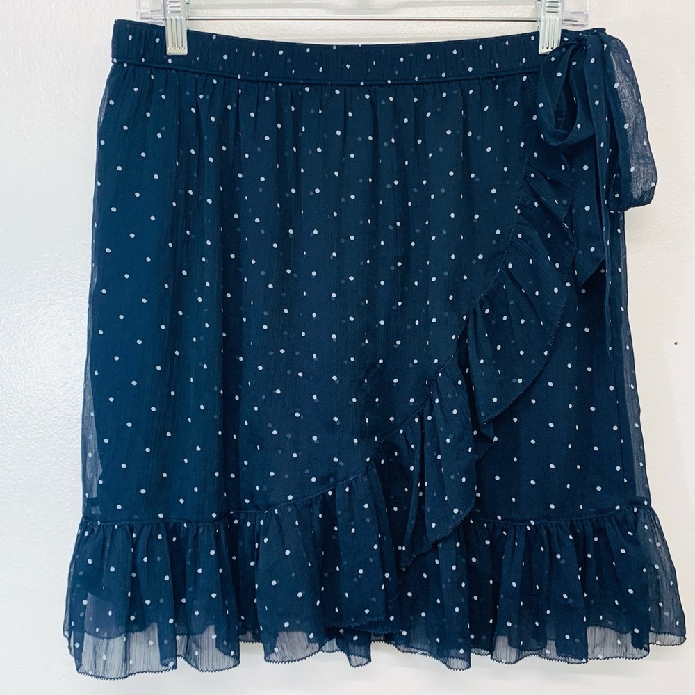 Abercrombie & Fitch Faux Wrap Skirt XL  Navy‎ Blue Polka Dot Ruffles Pull On Tie